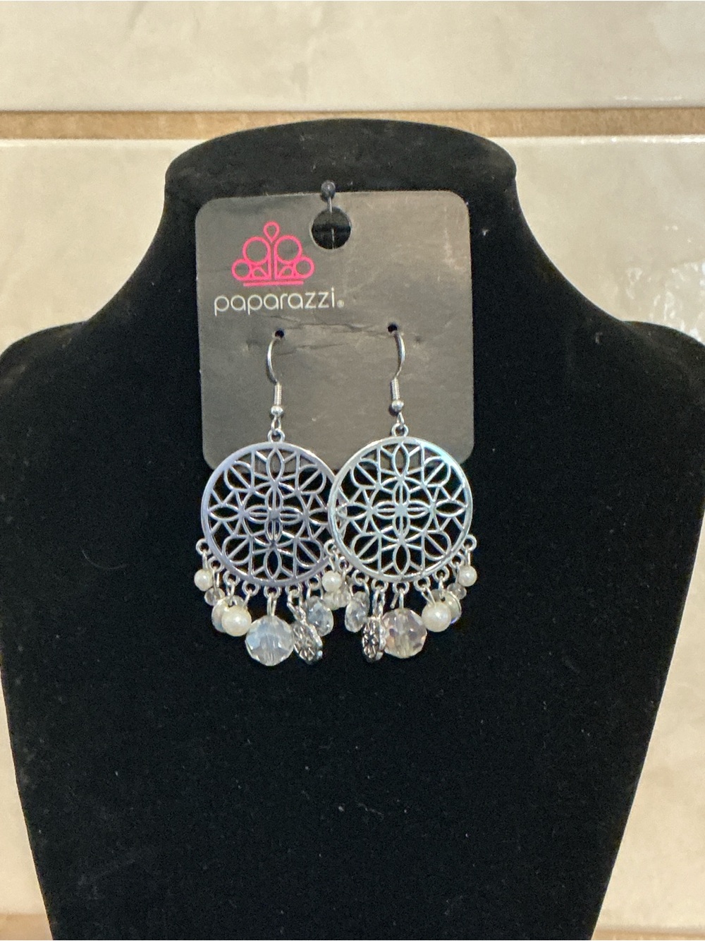 Paparazzi Silver Filigree Hoop Earrings with Crystal Dangles - Silver